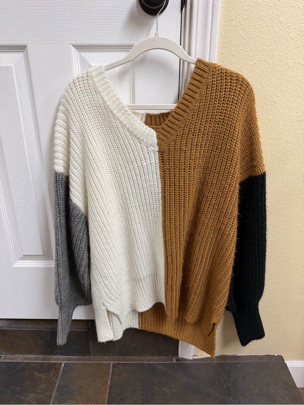 cinq a sept Colorblock V-Neck Sweater in Cream, Gray, Camel & Black
